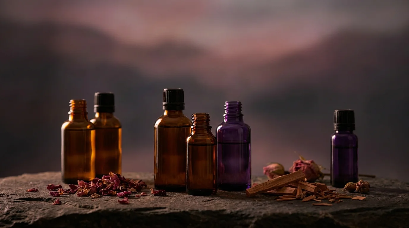 Amber and violet perfume bottles with rose petals and sandalwood on a stone ledge